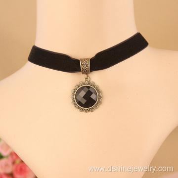 Black Velvet Neck Choker With Black Stone Pendant Necklace